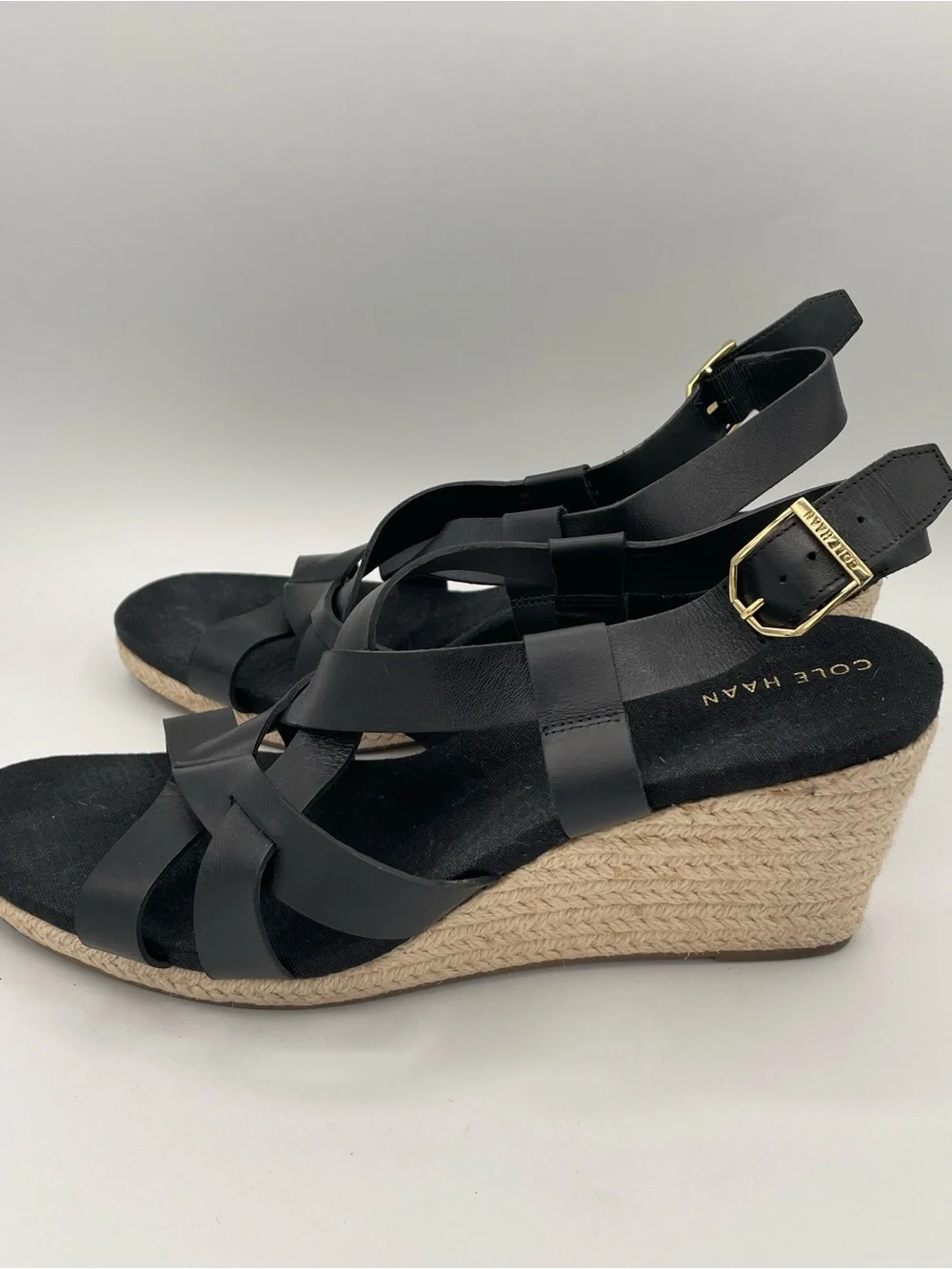 COLE HAAN Crystal Wedge Black Strappy Espadrille Sandals 10B